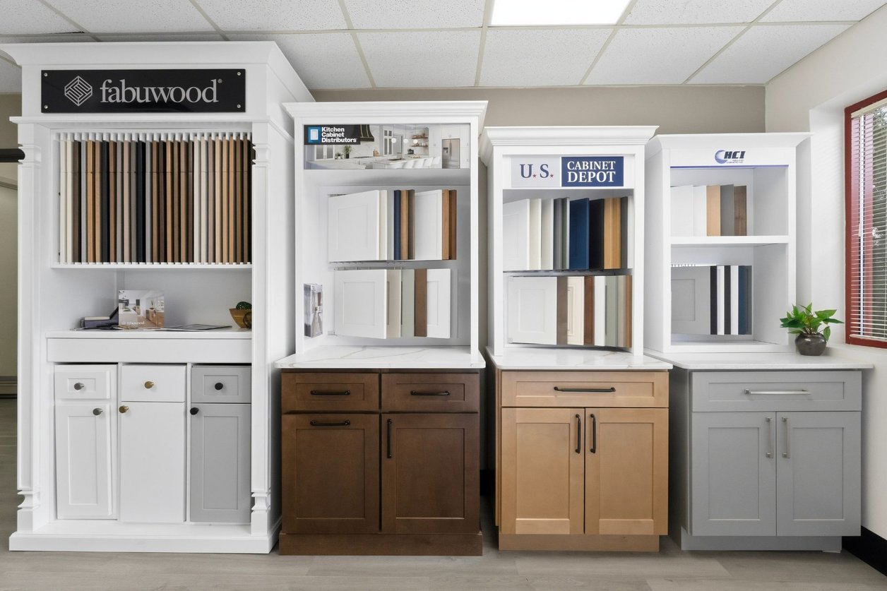 Cabinetry display in the M&G Remodeling Showroom featuring Fabuwood, Kitchen Cabinet Distributors, US Cabinet Depot, and Highland Cabinetry in Carson City, NV