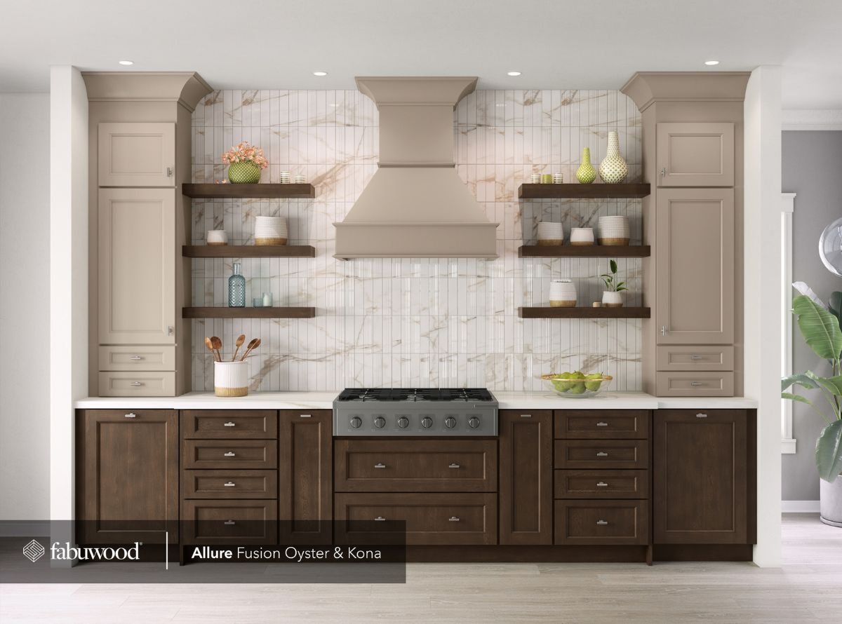 Stock photo of Fabuwood Allure Fusion Oyster and Kona kitchen cabinetry