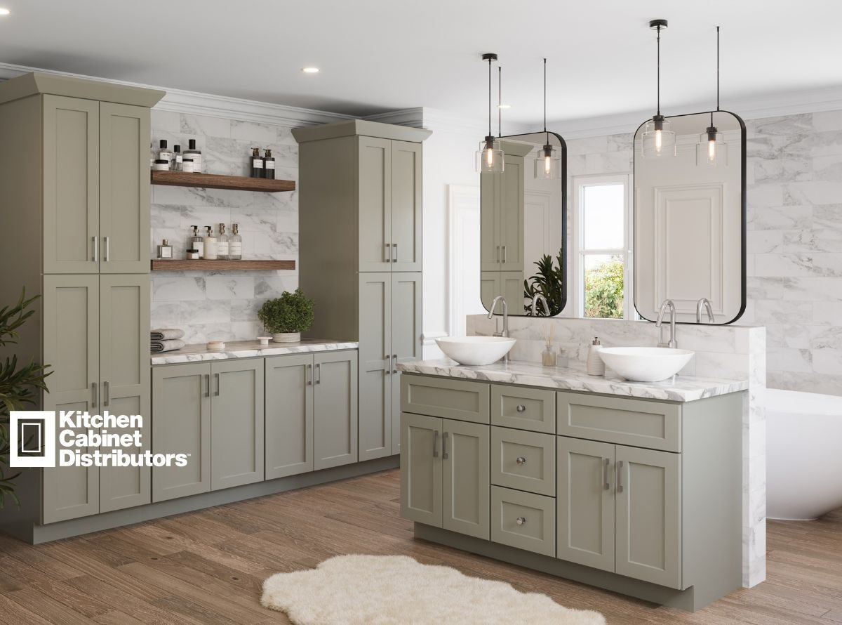 Stock photo of Shaker Moss bathroom cabinetry by Kitchen Cabinet Distributors