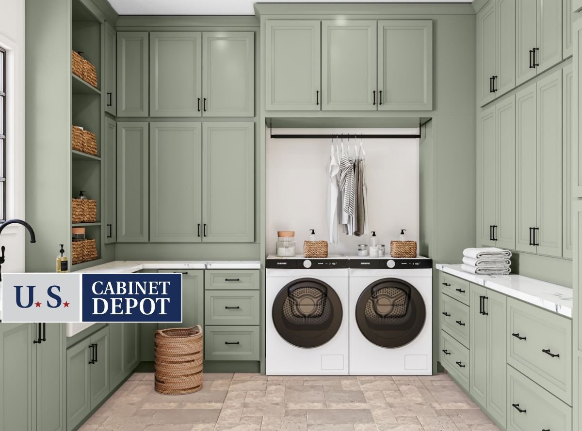 Stock photo of light green US Cabinet Depot cabinetry in a laundry room