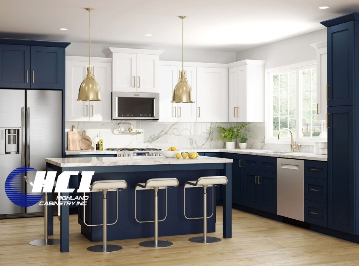 Stock photo of shaker kitchen cabinetry in white and signature blue by Highland Cabinetry