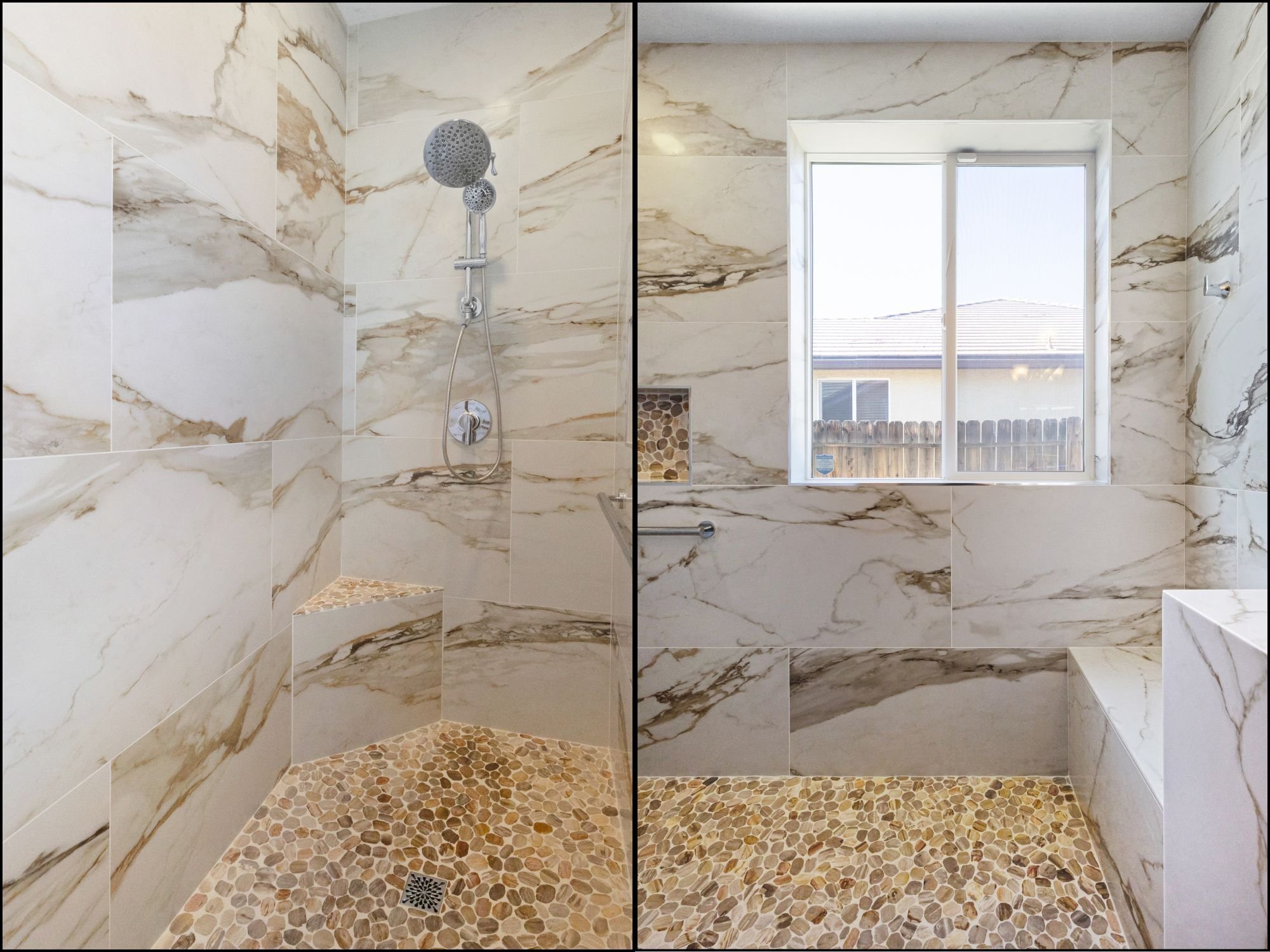 Bathroom remodel featuring marble-look tile walls and a pebble mosaic tile floor throughout the walk-in shower and dry-off area in Northwest Reno by M&G Construction