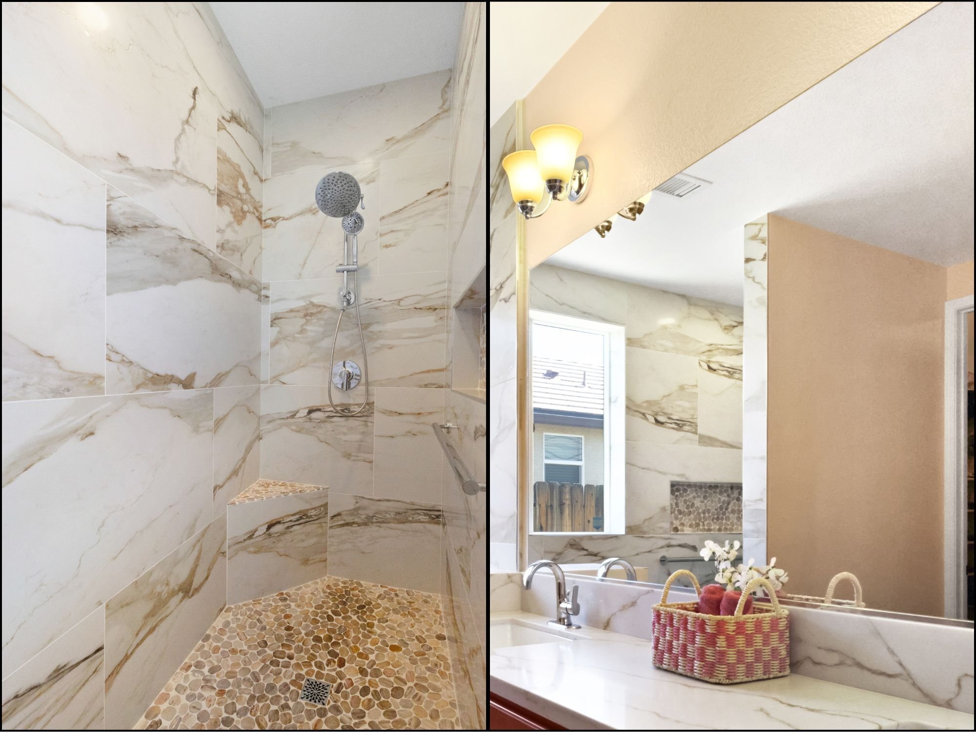 Private shower in a Northwest Reno bathroom remodel created by reframing a wall, showing the inside of the tiled shower and a mirror view showing how the wall offers more privacy by M&G Construction