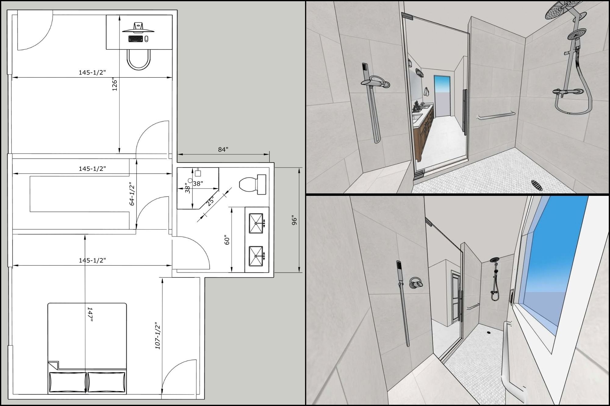2D and 3D visuals of a bathroom remodel by M&G Construction in Reno, NV
